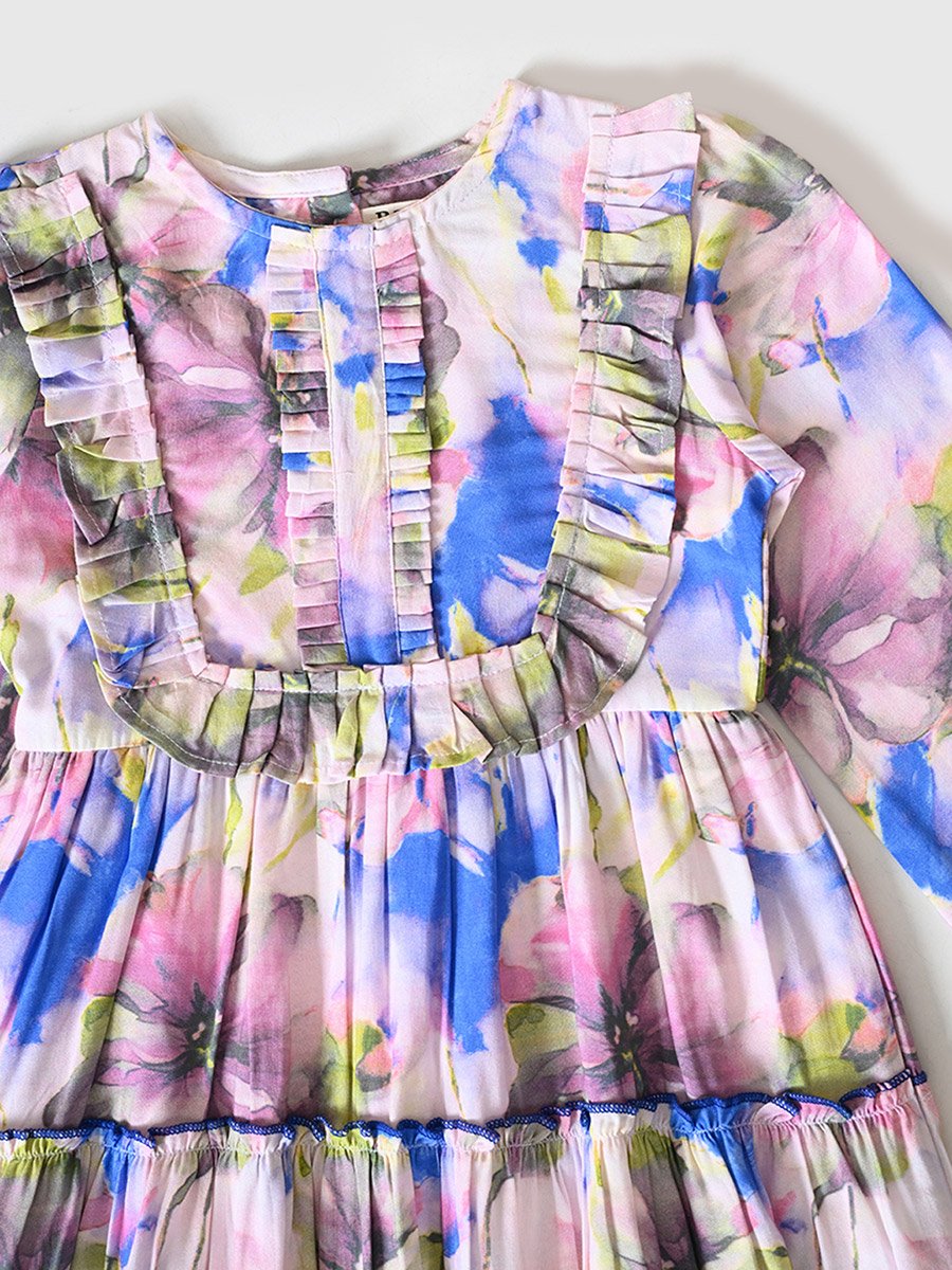 Floral Print Buttoned Tiered Knee-Length Dress