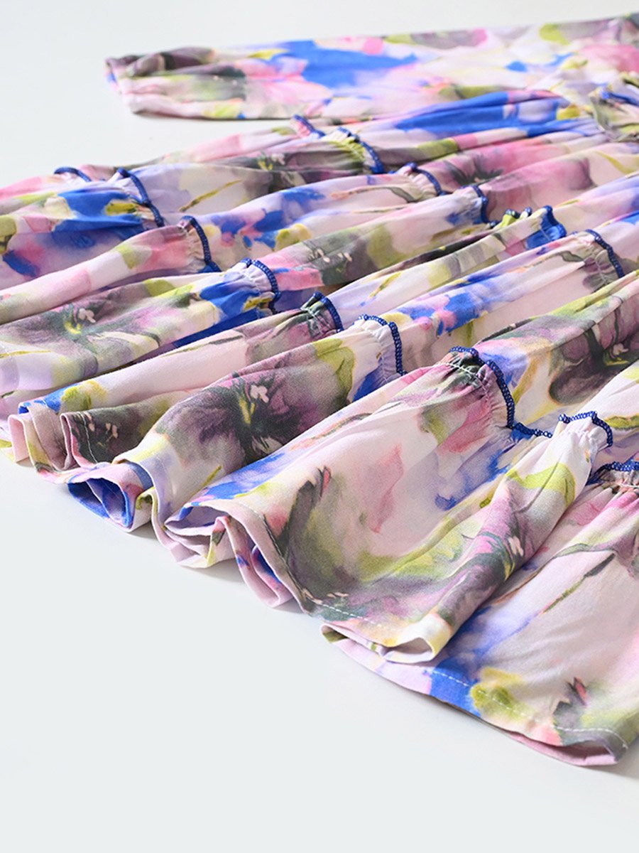 Floral Print Buttoned Tiered Knee-Length Dress