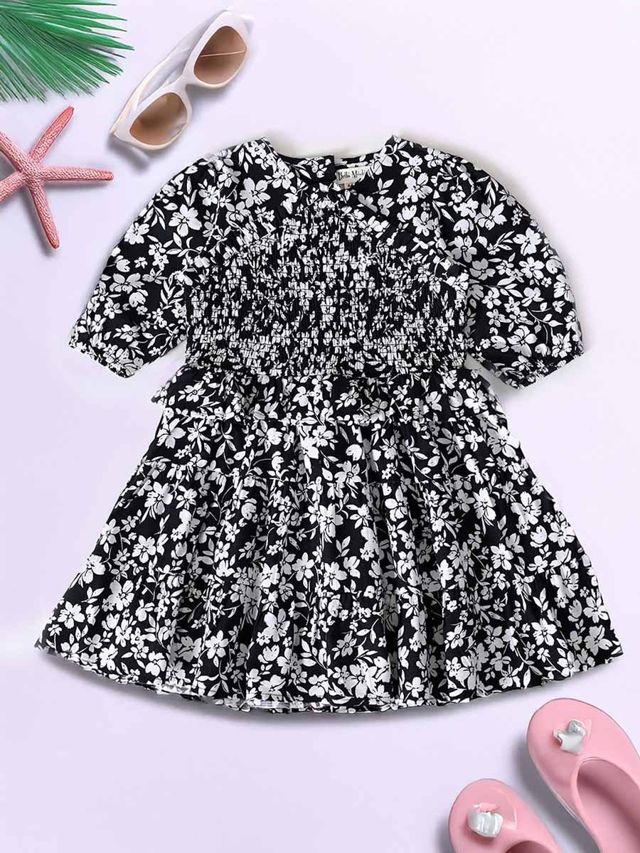 Floral Print Puff Sleeve Knee-Length Dress