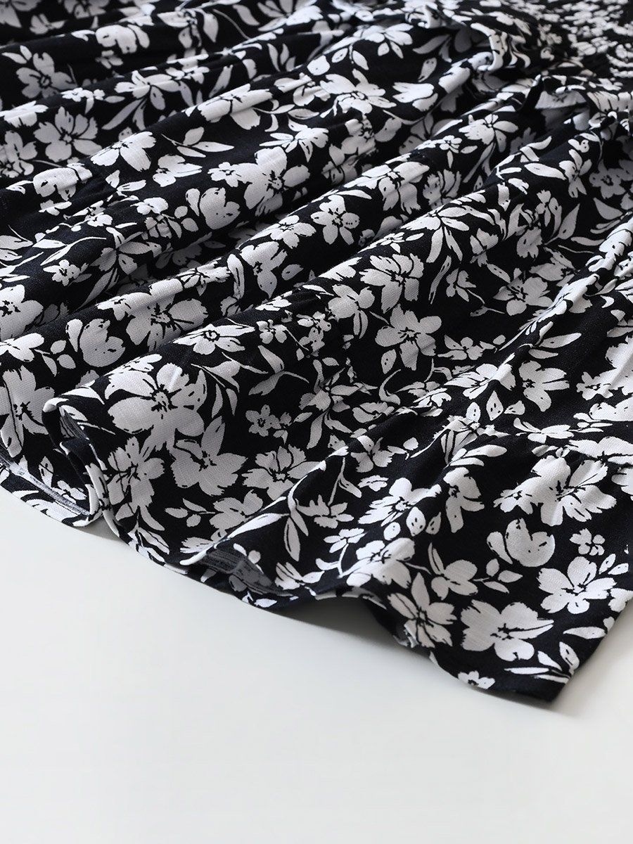 Floral Print Puff Sleeve Knee-Length Dress