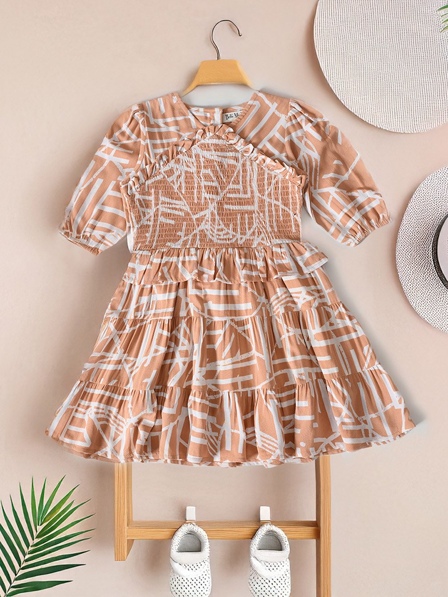 Printed Smocked Detail Puff Sleeve Knee-Length Dress