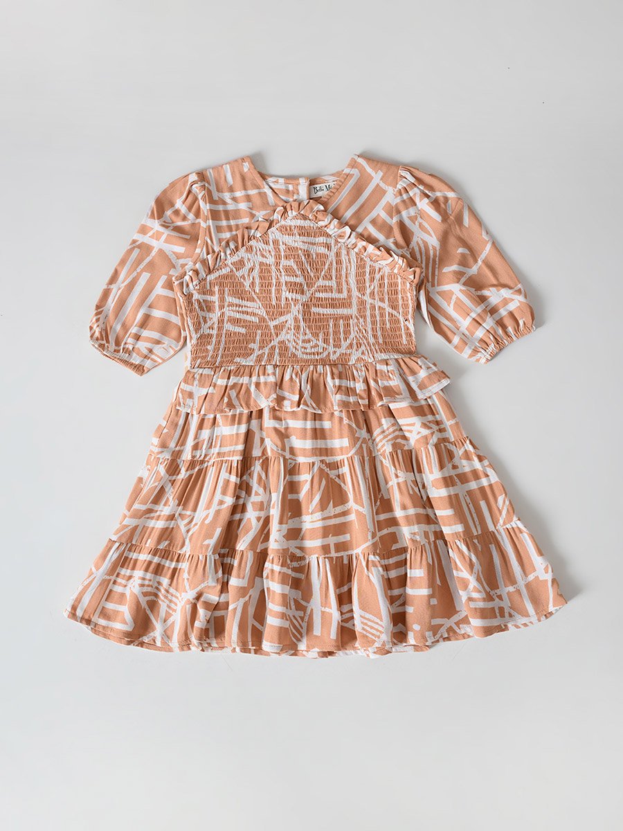 Printed Smocked Detail Puff Sleeve Knee-Length Dress