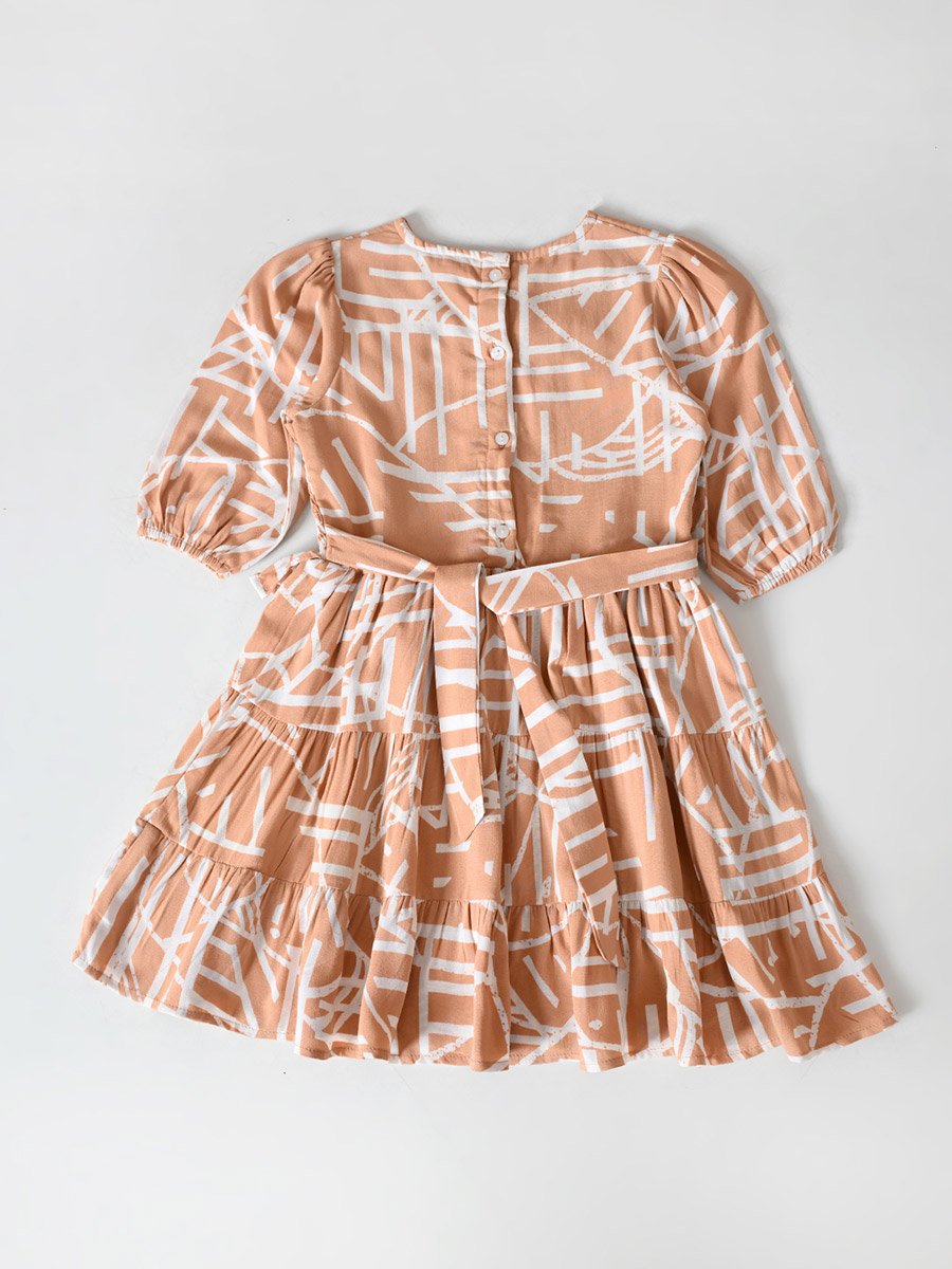 Printed Smocked Detail Puff Sleeve Knee-Length Dress