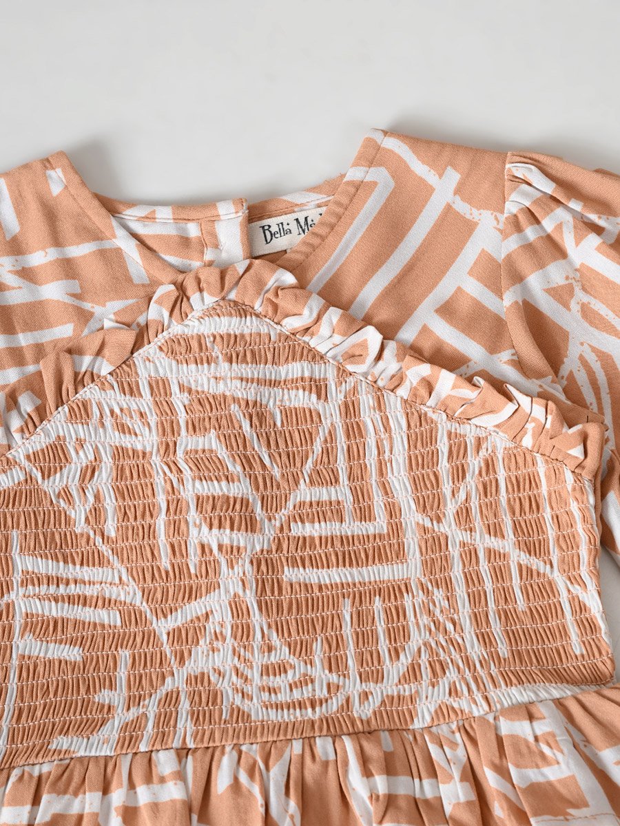 Printed Smocked Detail Puff Sleeve Knee-Length Dress
