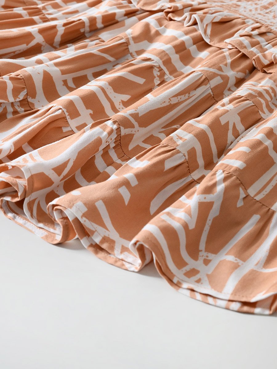 Printed Smocked Detail Puff Sleeve Knee-Length Dress