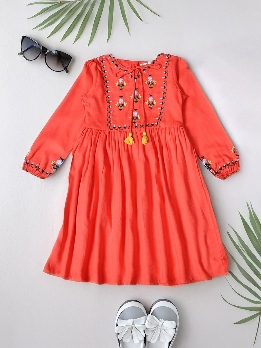 Embroidered Tie-Up Neck Knee-Length Dress
