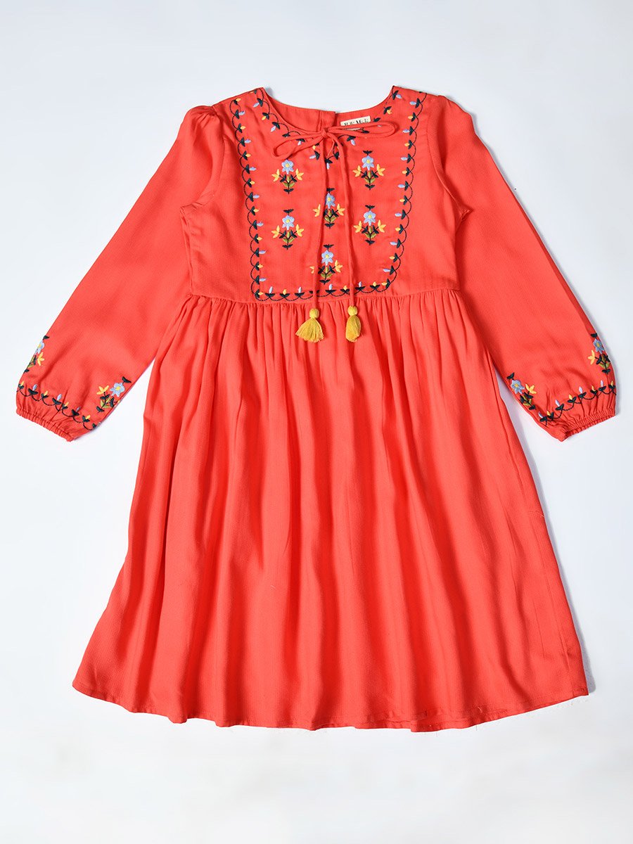 Embroidered Tie-Up Neck Knee-Length Dress
