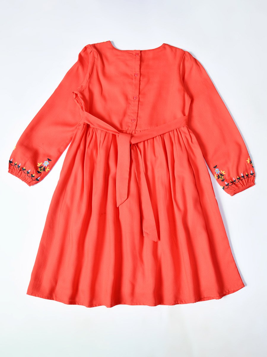 Embroidered Tie-Up Neck Knee-Length Dress