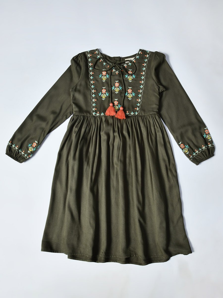 Embroidered Tie-Up Neck Knee-Length Dress