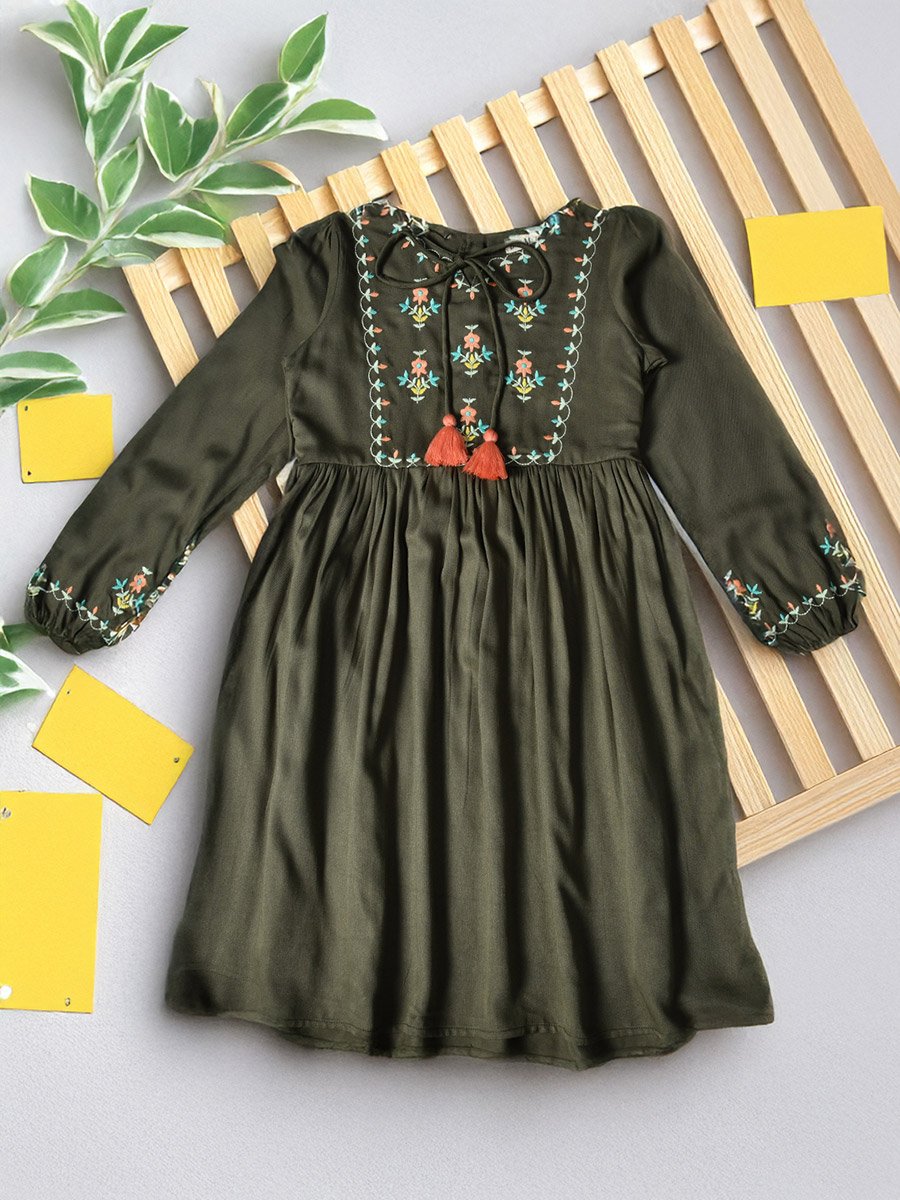 Embroidered Tie-Up Neck Knee-Length Dress