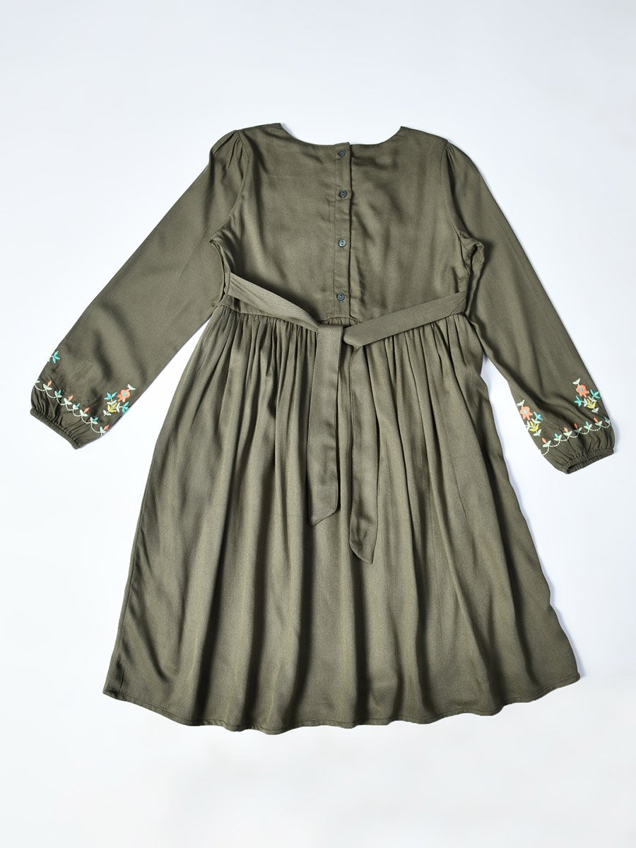 Embroidered Tie-Up Neck Knee-Length Dress