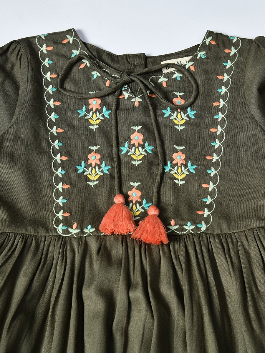 Embroidered Tie-Up Neck Knee-Length Dress