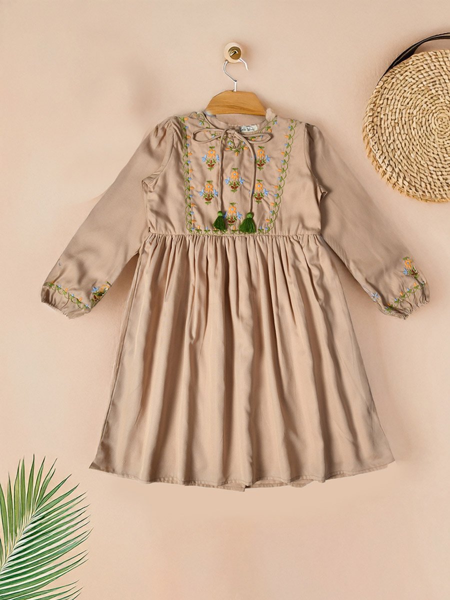Embroidered Tie-Up Neck Knee-Length Dress