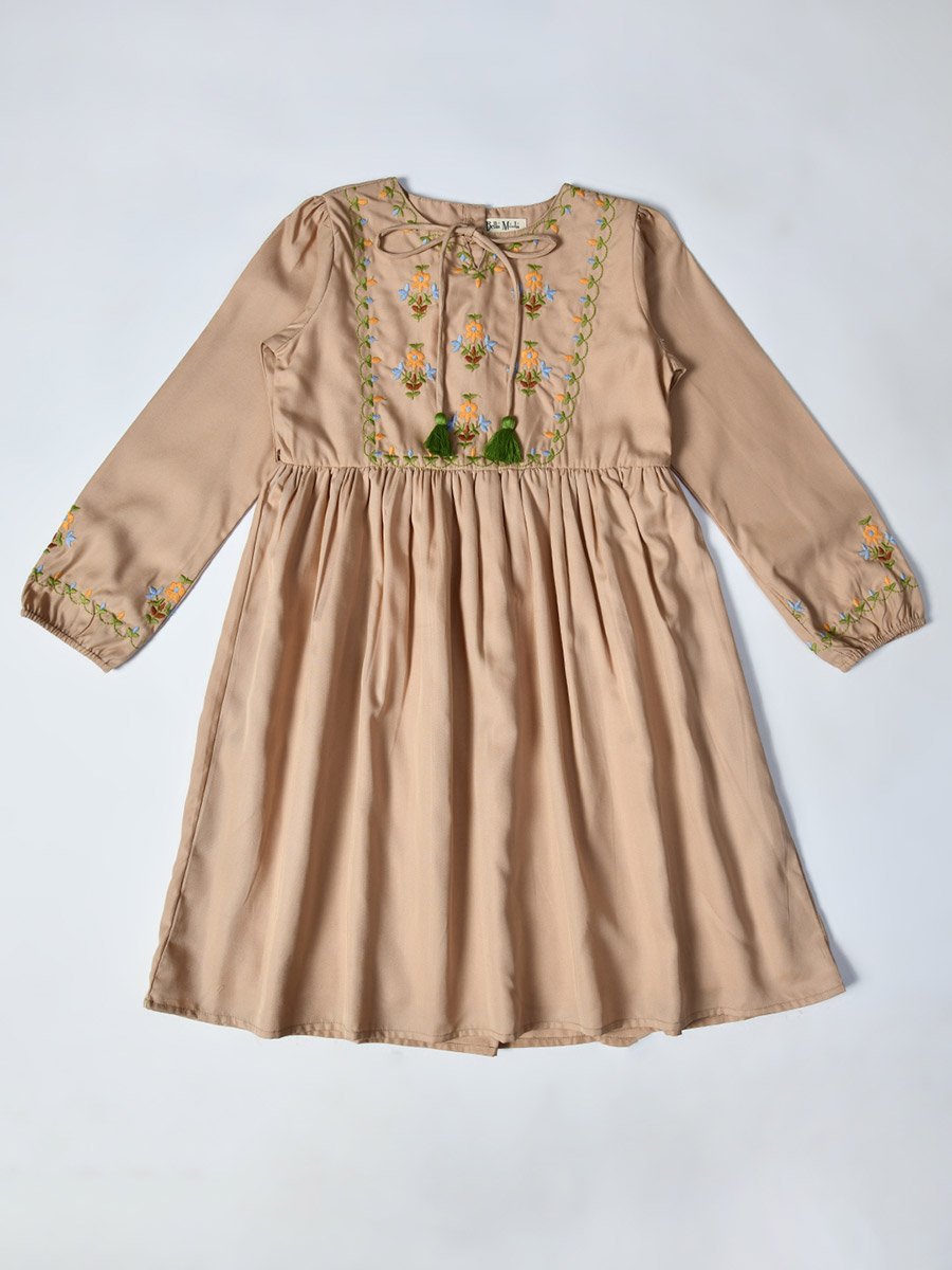 Embroidered Tie-Up Neck Knee-Length Dress
