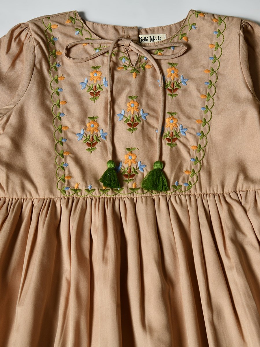 Embroidered Tie-Up Neck Knee-Length Dress