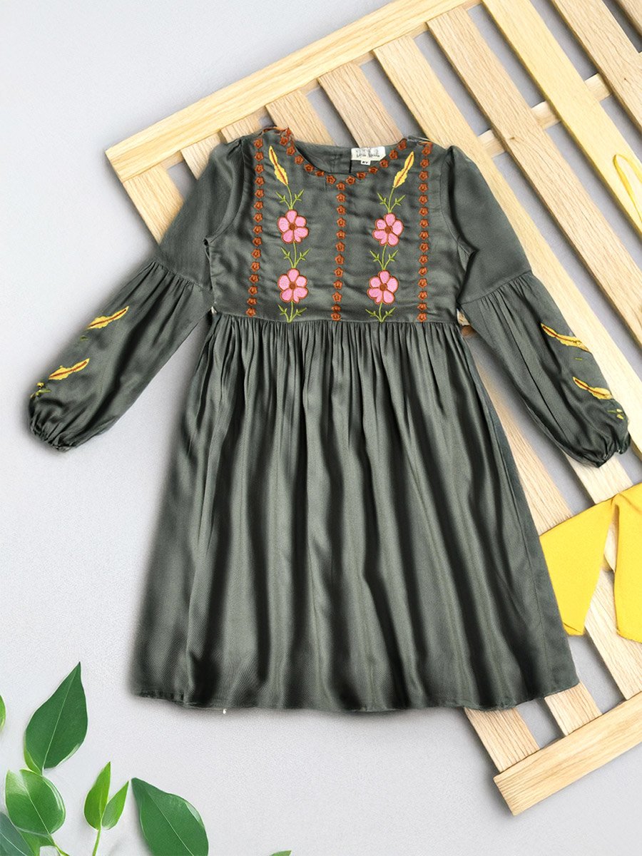 Floral Embroidered Round Neck Knee-Length Dress