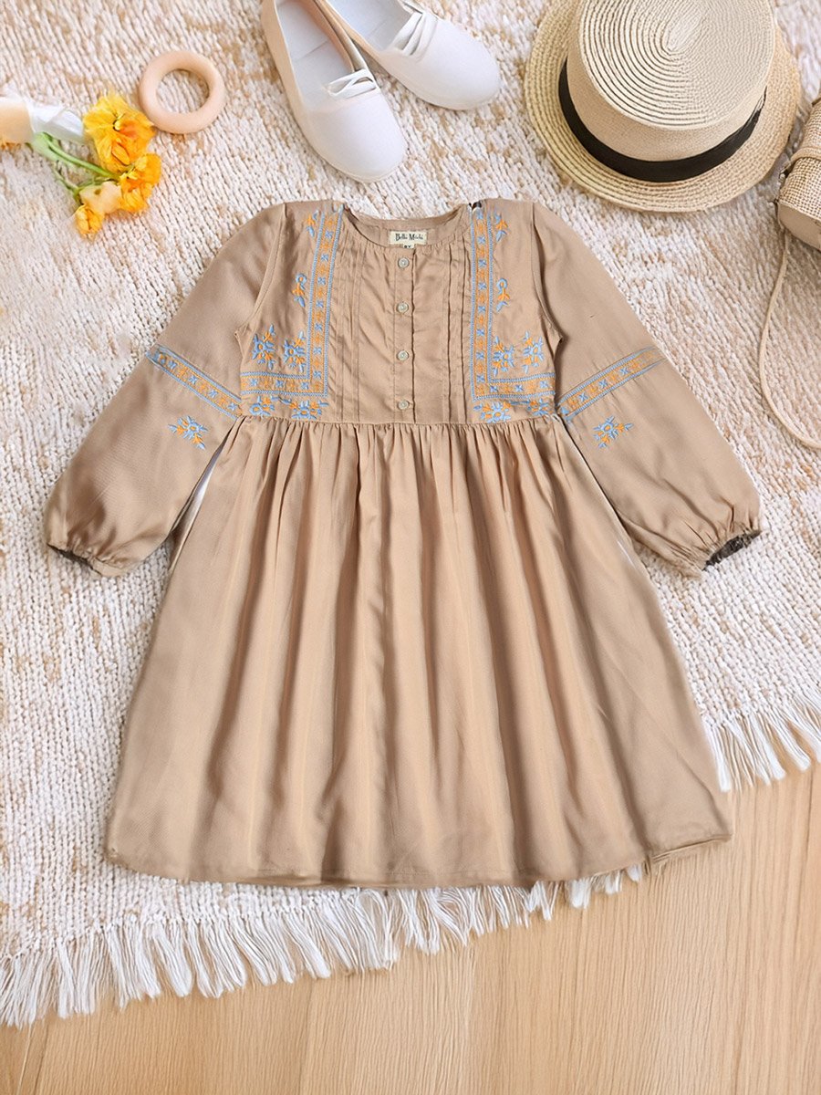 Embroidered Balloon Sleeves Knee-Length Dress