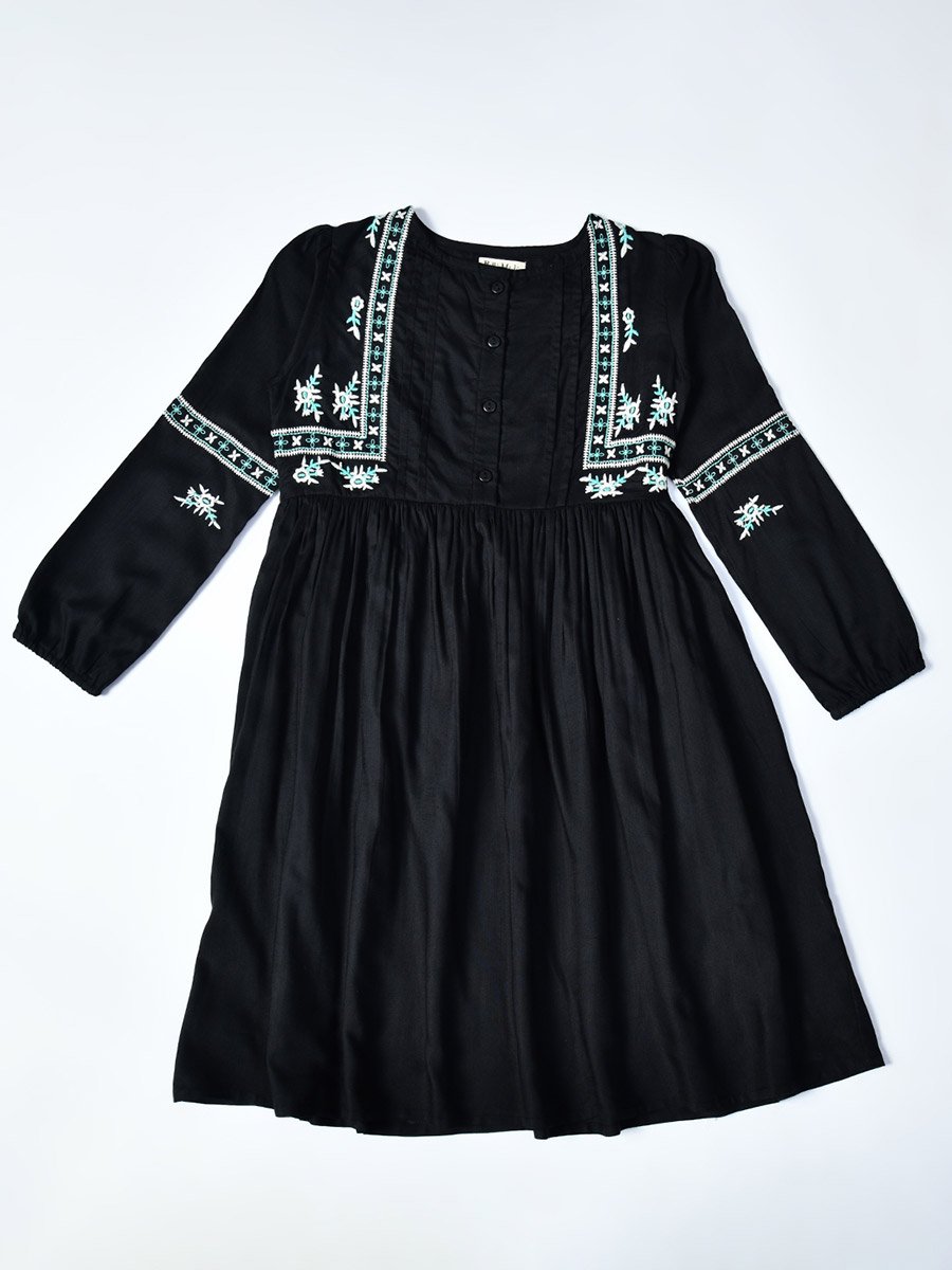 Embroidered Balloon Sleeves Knee-Length Dress