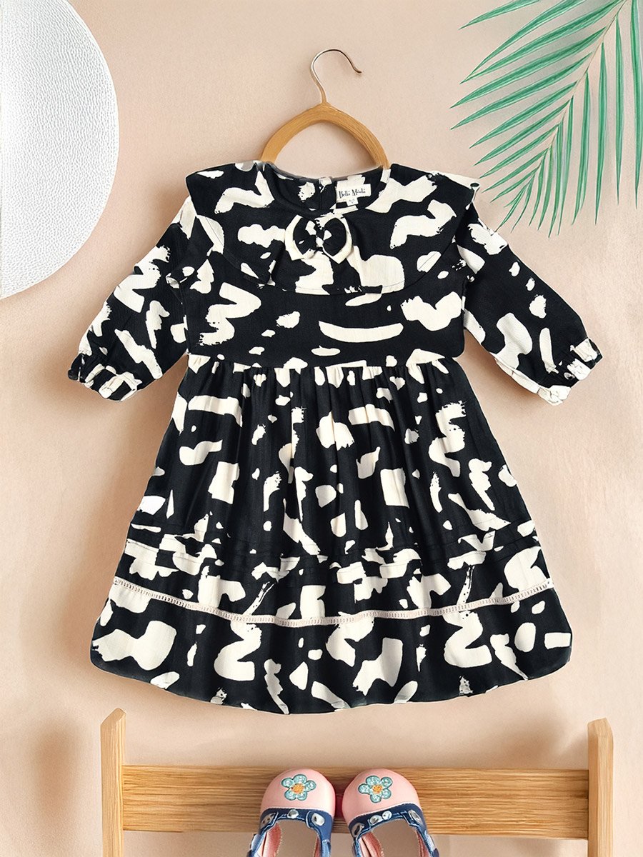 All-Over Abstract Print Ruffle Trim Cotton Dress