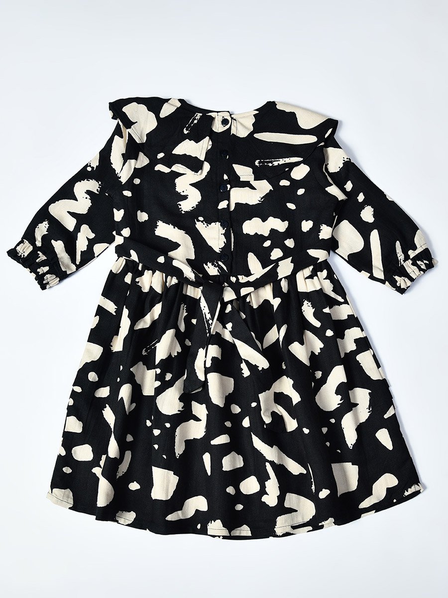 All-Over Abstract Print Ruffle Trim Cotton Dress