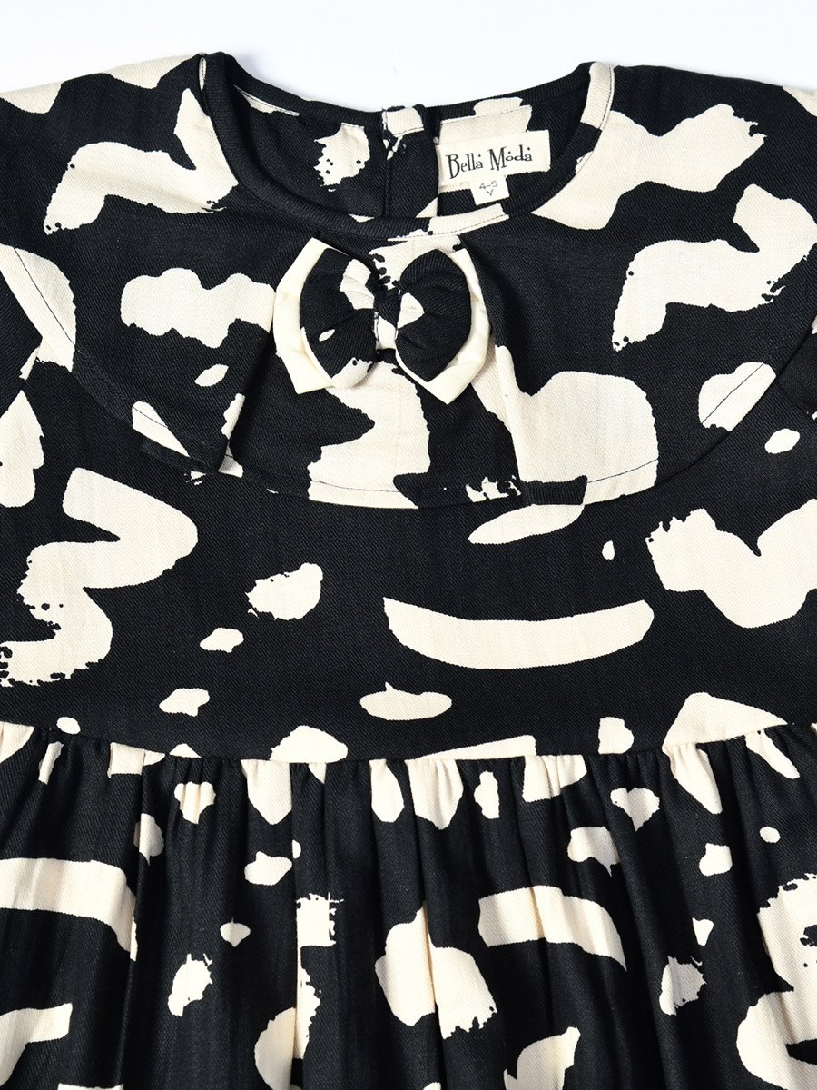 All-Over Abstract Print Ruffle Trim Cotton Dress