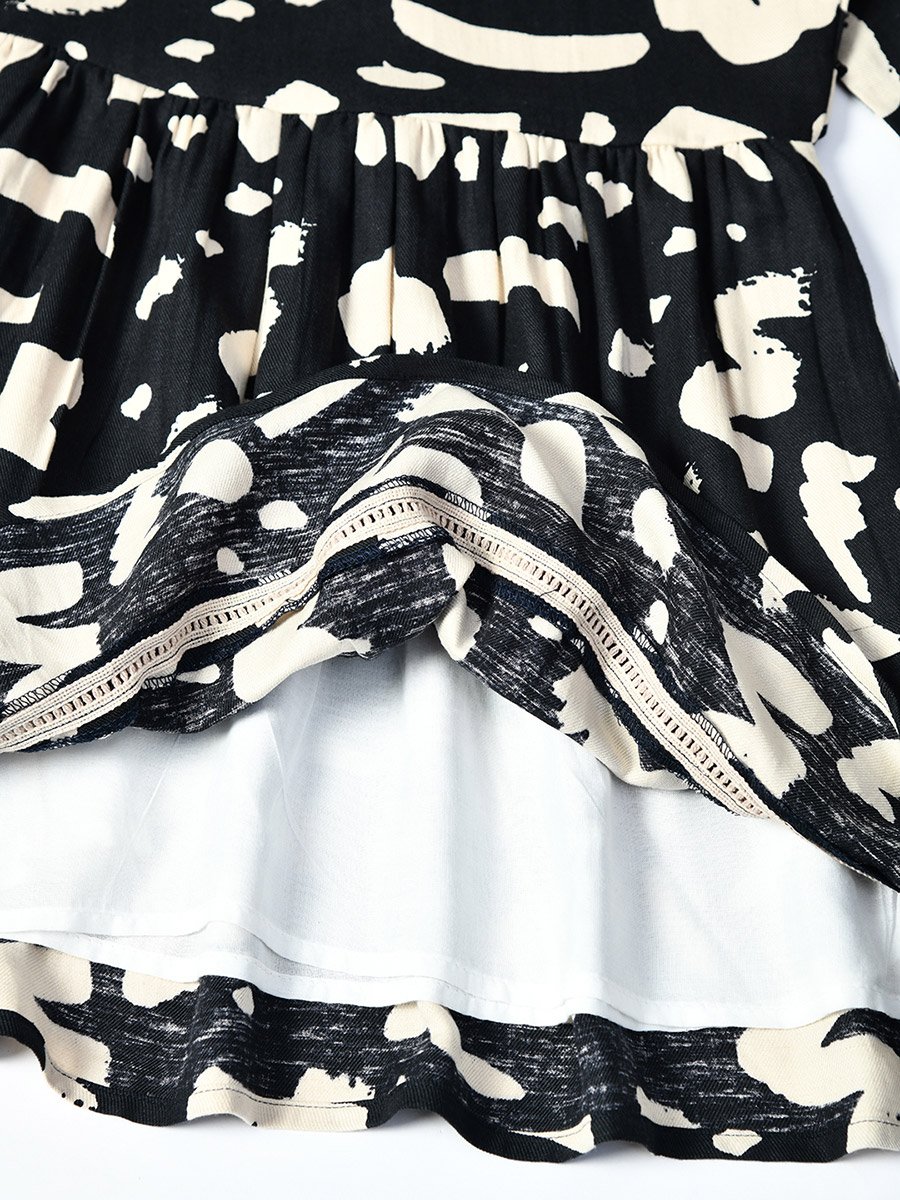 All-Over Abstract Print Ruffle Trim Cotton Dress