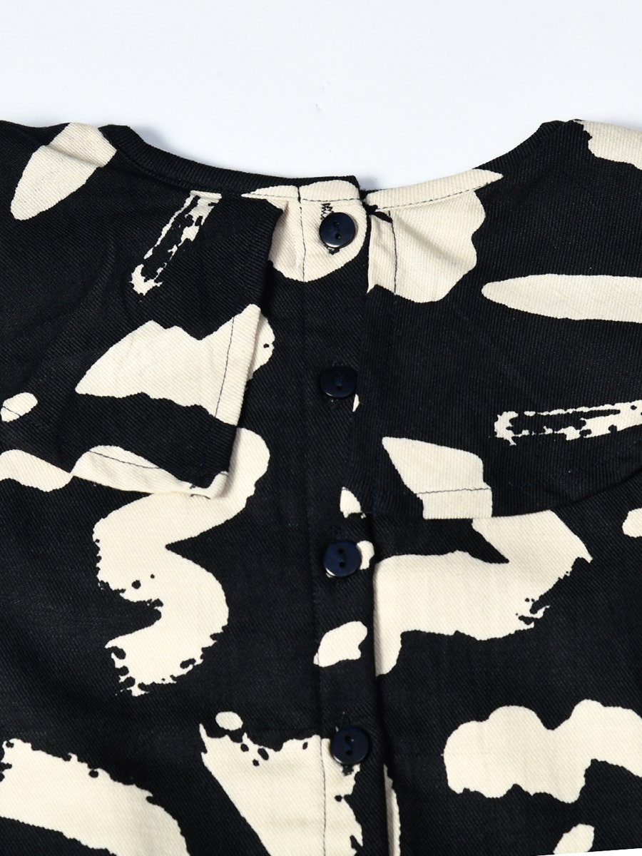 All-Over Abstract Print Ruffle Trim Cotton Dress