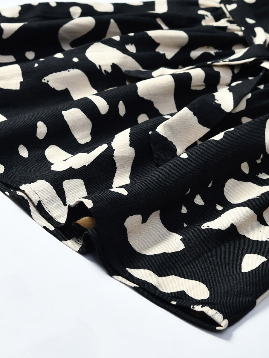 All-Over Abstract Print Ruffle Trim Cotton Dress