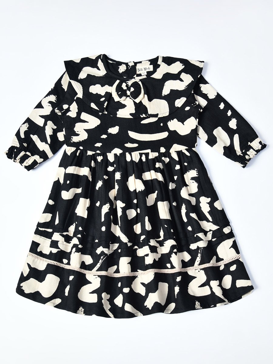 All-Over Abstract Print Ruffle Trim Cotton Dress