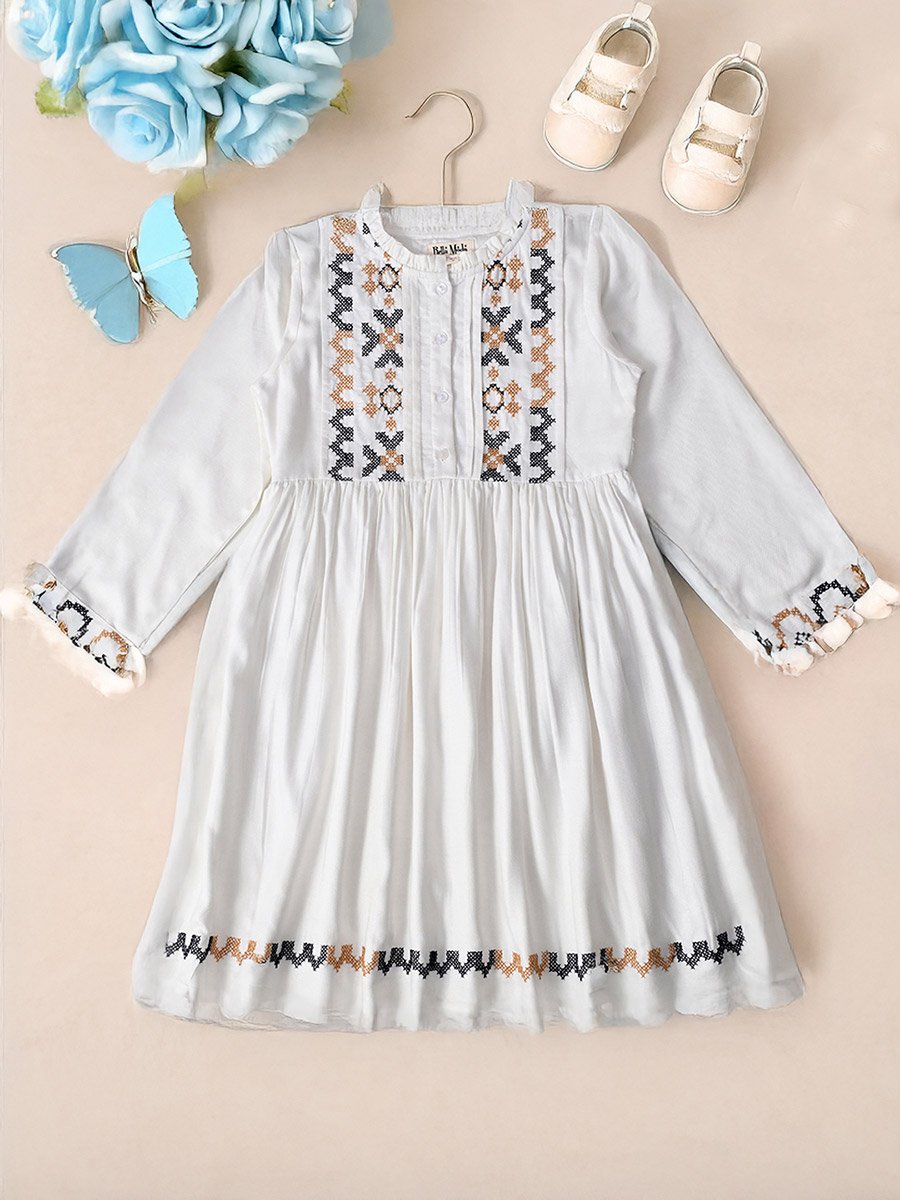 Embroidered 3/4 Sleeves Cotton Dress with Button Front