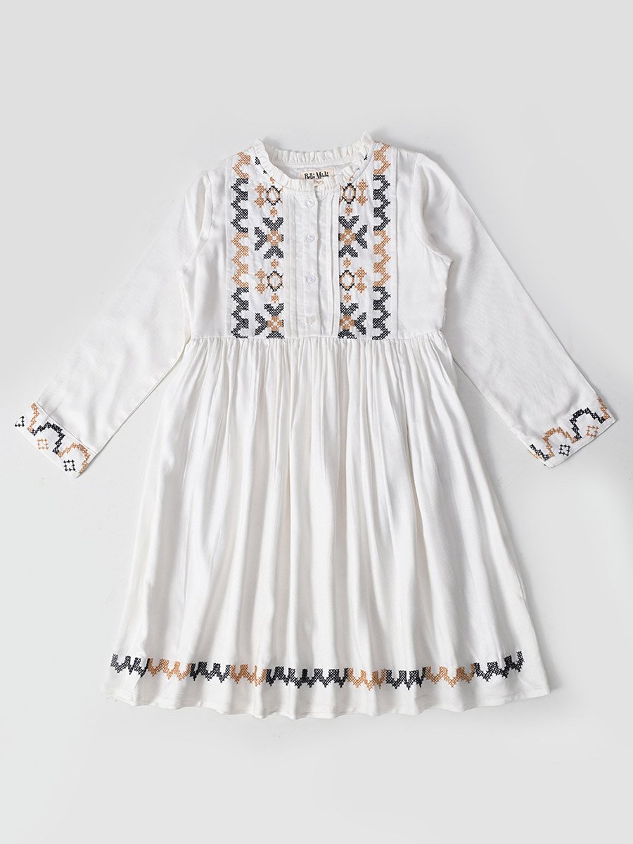 Embroidered 3/4 Sleeves Cotton Dress with Button Front