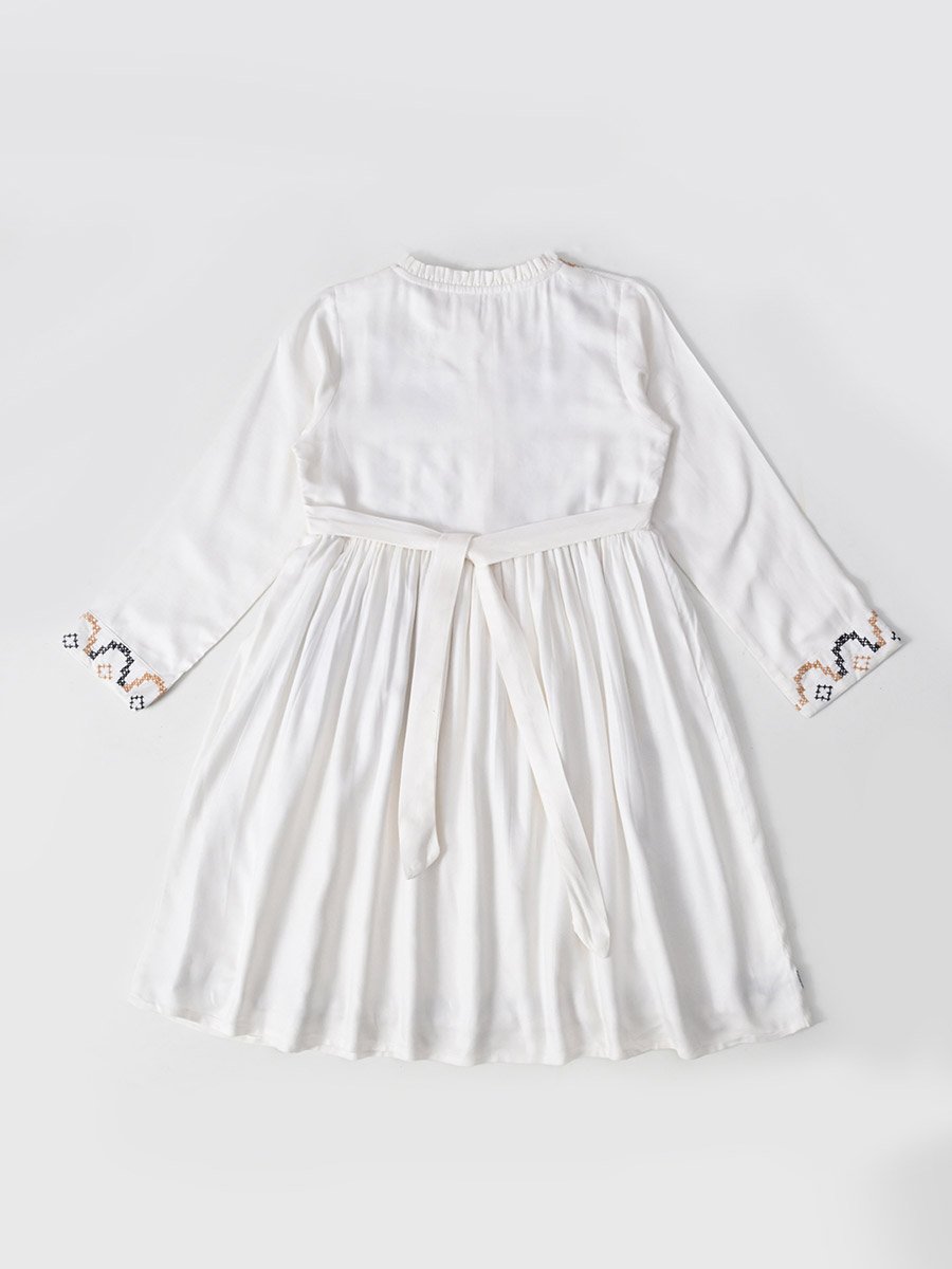 Embroidered 3/4 Sleeves Cotton Dress with Button Front