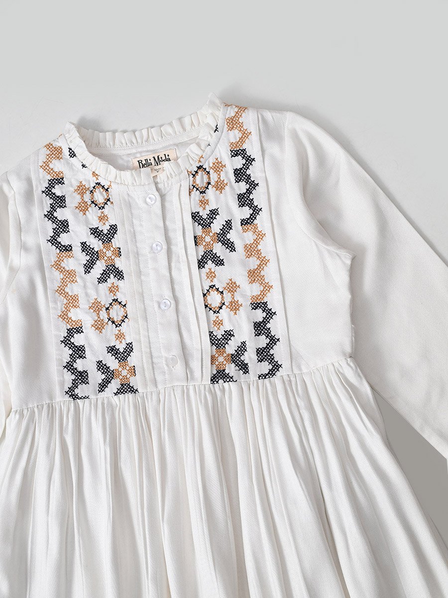Embroidered 3/4 Sleeves Cotton Dress with Button Front