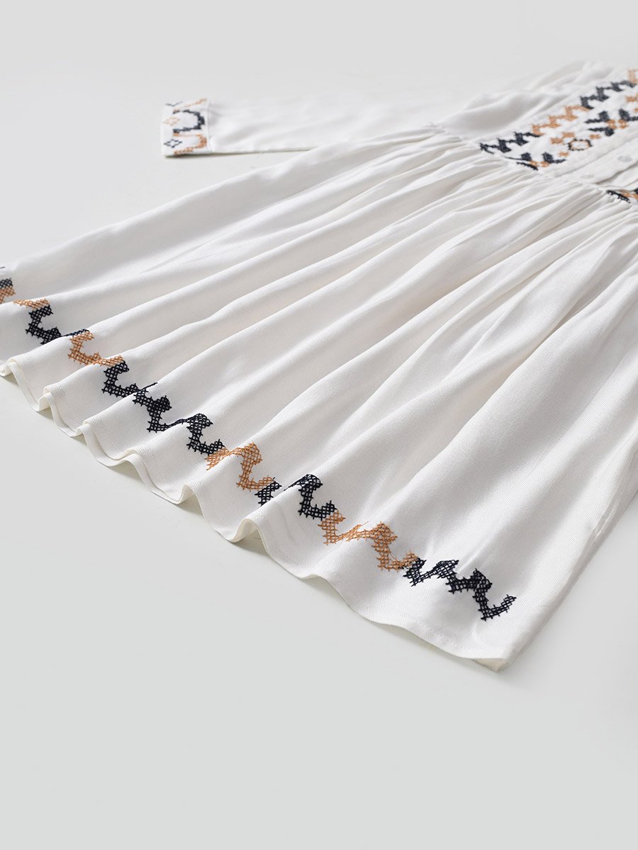 Embroidered 3/4 Sleeves Cotton Dress with Button Front