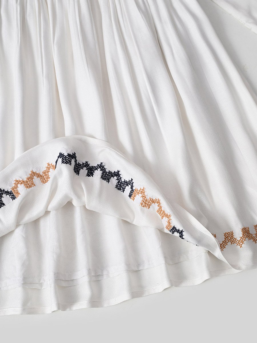 Embroidered 3/4 Sleeves Cotton Dress with Button Front