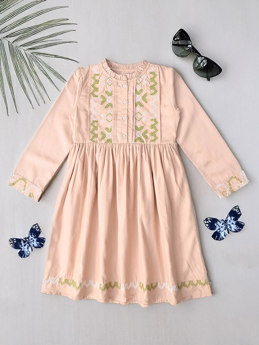 Embroidered 3/4 Sleeves Cotton Dress with Button Front