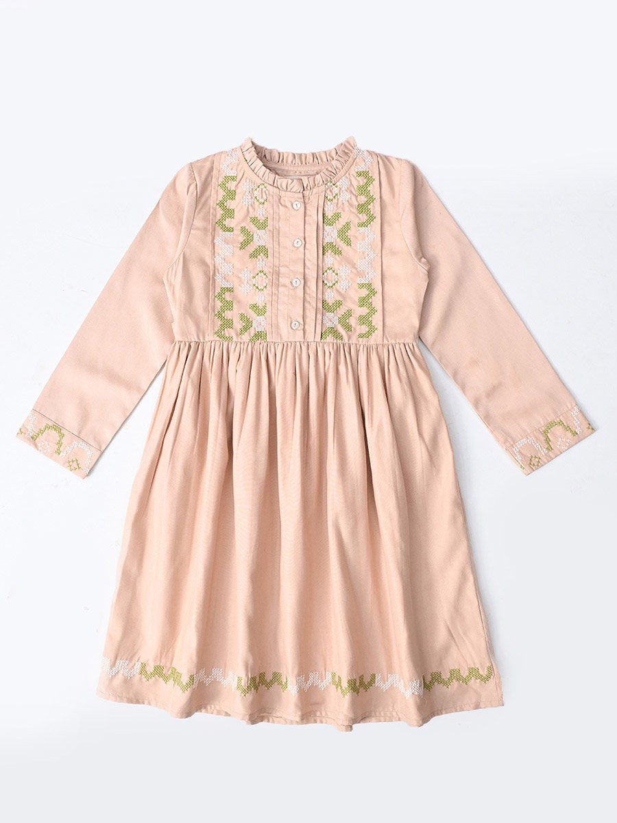 Embroidered 3/4 Sleeves Cotton Dress with Button Front
