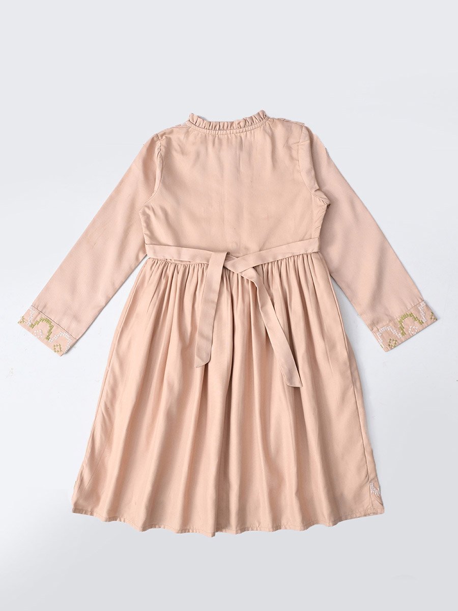 Embroidered 3/4 Sleeves Cotton Dress with Button Front