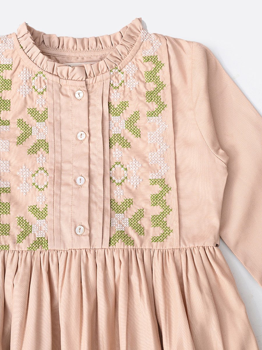 Embroidered 3/4 Sleeves Cotton Dress with Button Front