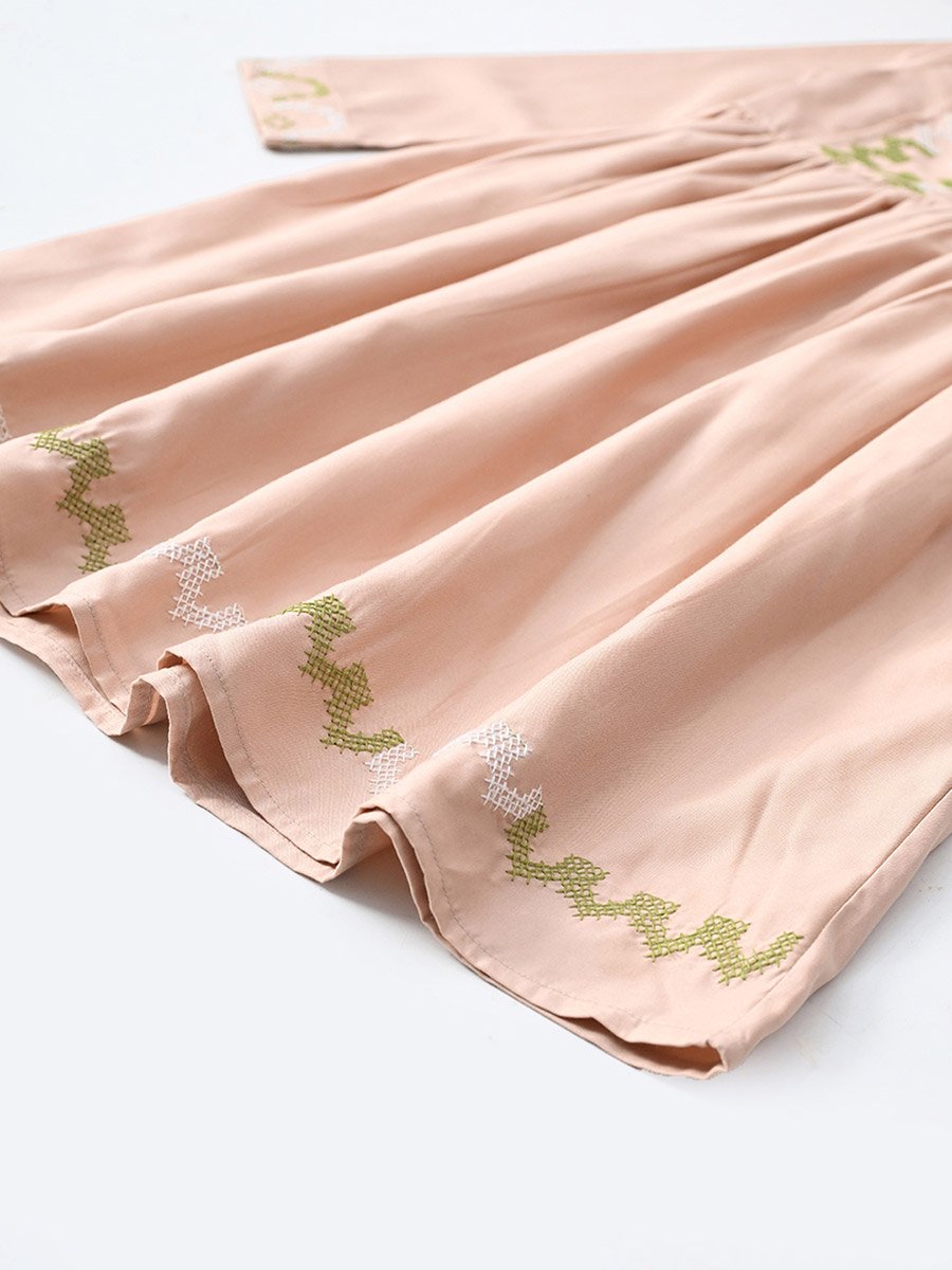 Embroidered 3/4 Sleeves Cotton Dress with Button Front
