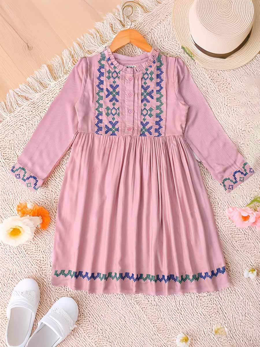 Embroidered 3/4 Sleeves Cotton Dress with Button Front