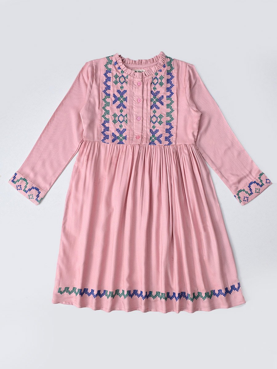 Embroidered 3/4 Sleeves Cotton Dress with Button Front
