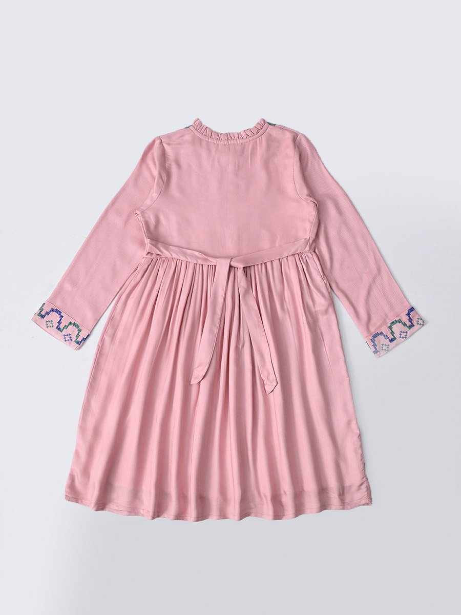 Embroidered 3/4 Sleeves Cotton Dress with Button Front