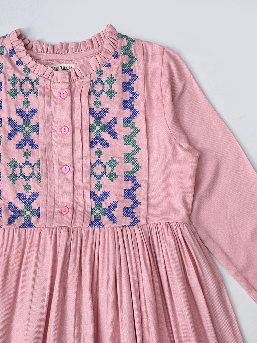 Embroidered 3/4 Sleeves Cotton Dress with Button Front
