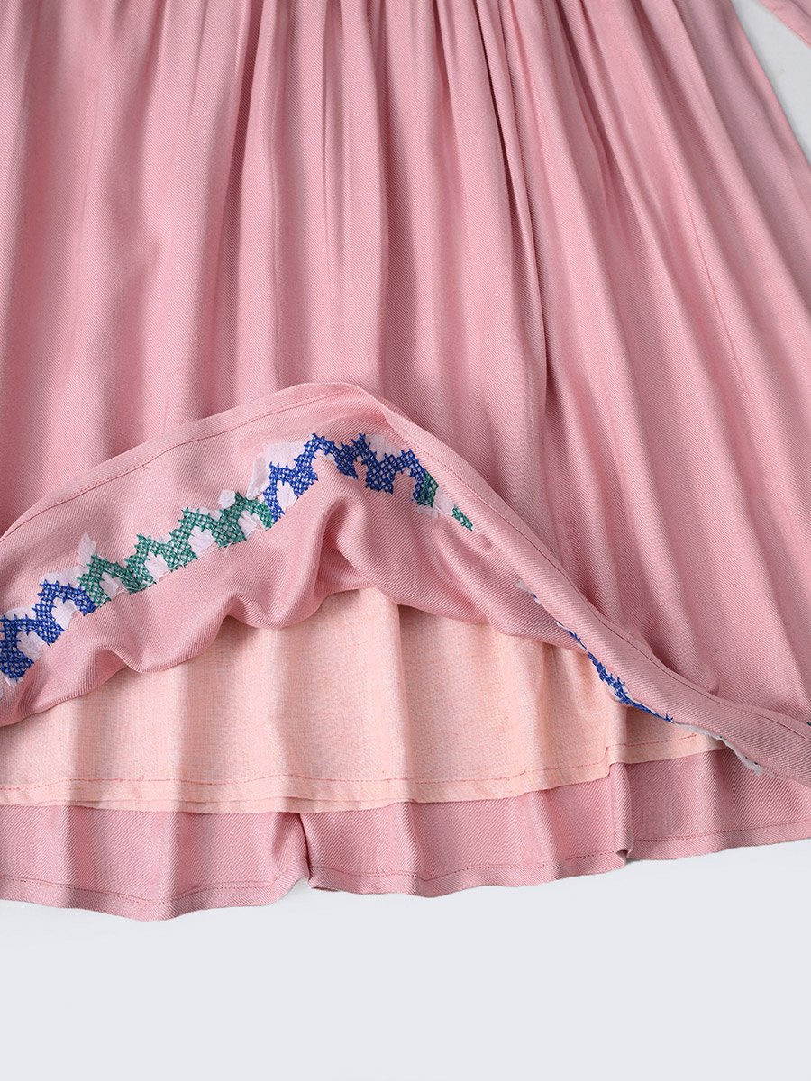 Embroidered 3/4 Sleeves Cotton Dress with Button Front