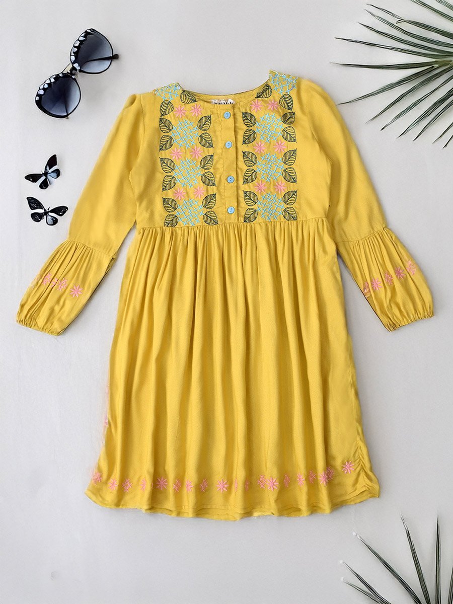 Embroidered 3/4 Sleeves Cotton Dress with Button Front