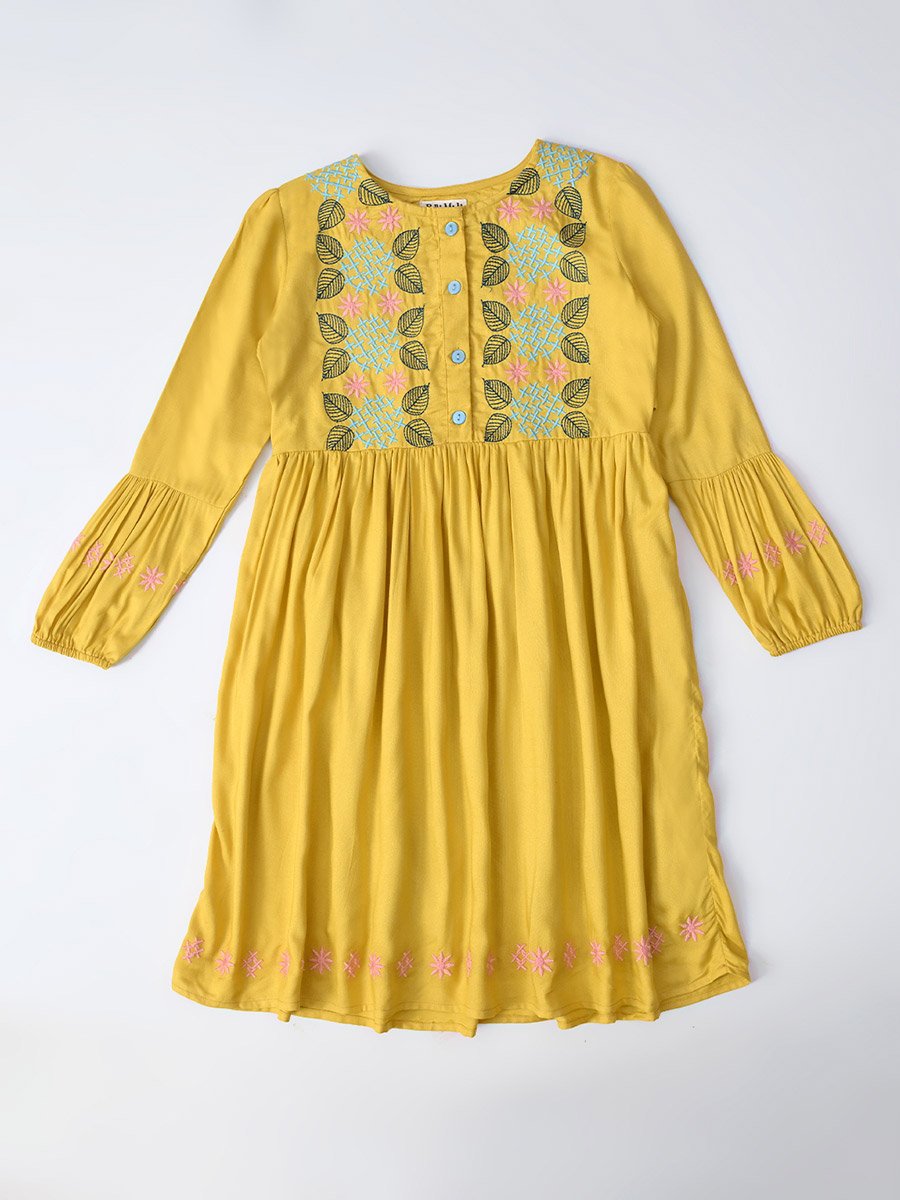 Embroidered 3/4 Sleeves Cotton Dress with Button Front