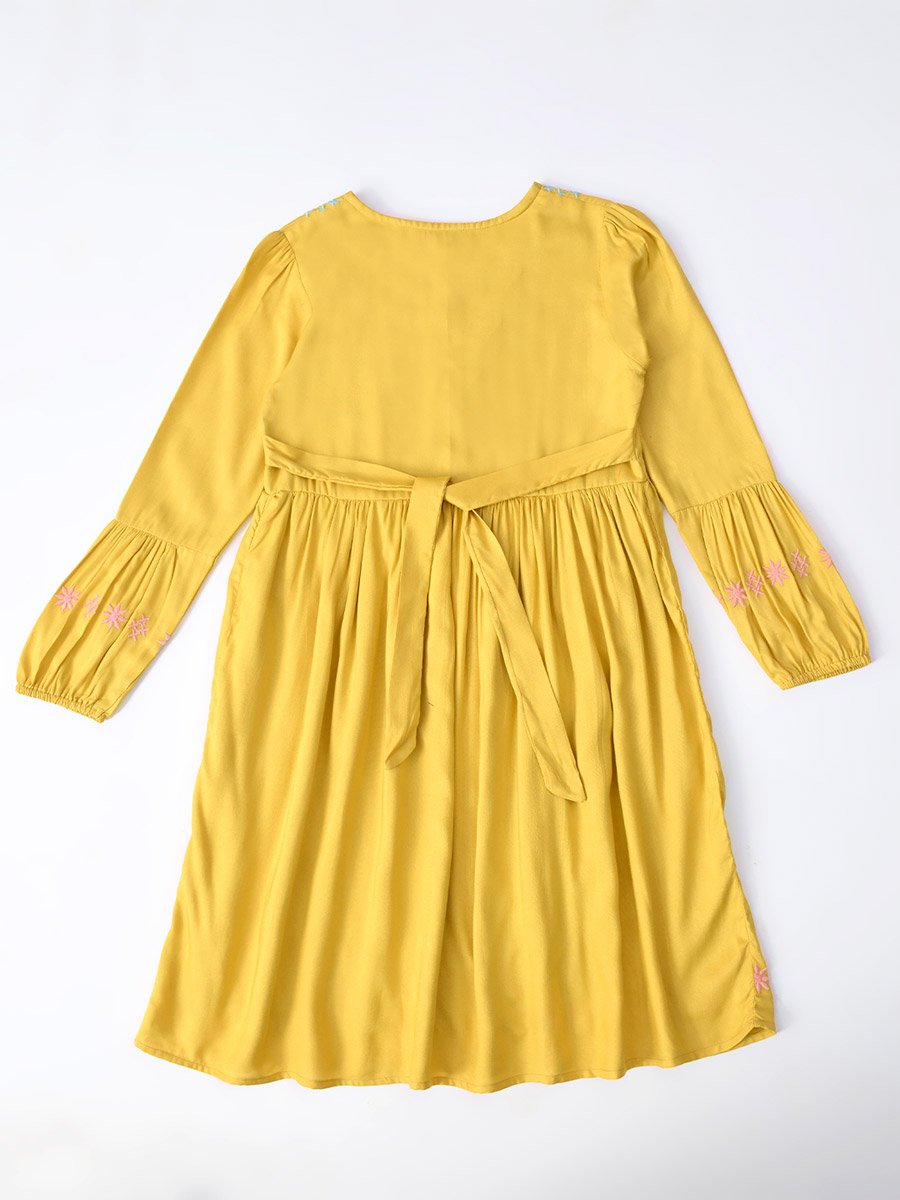 Embroidered 3/4 Sleeves Cotton Dress with Button Front