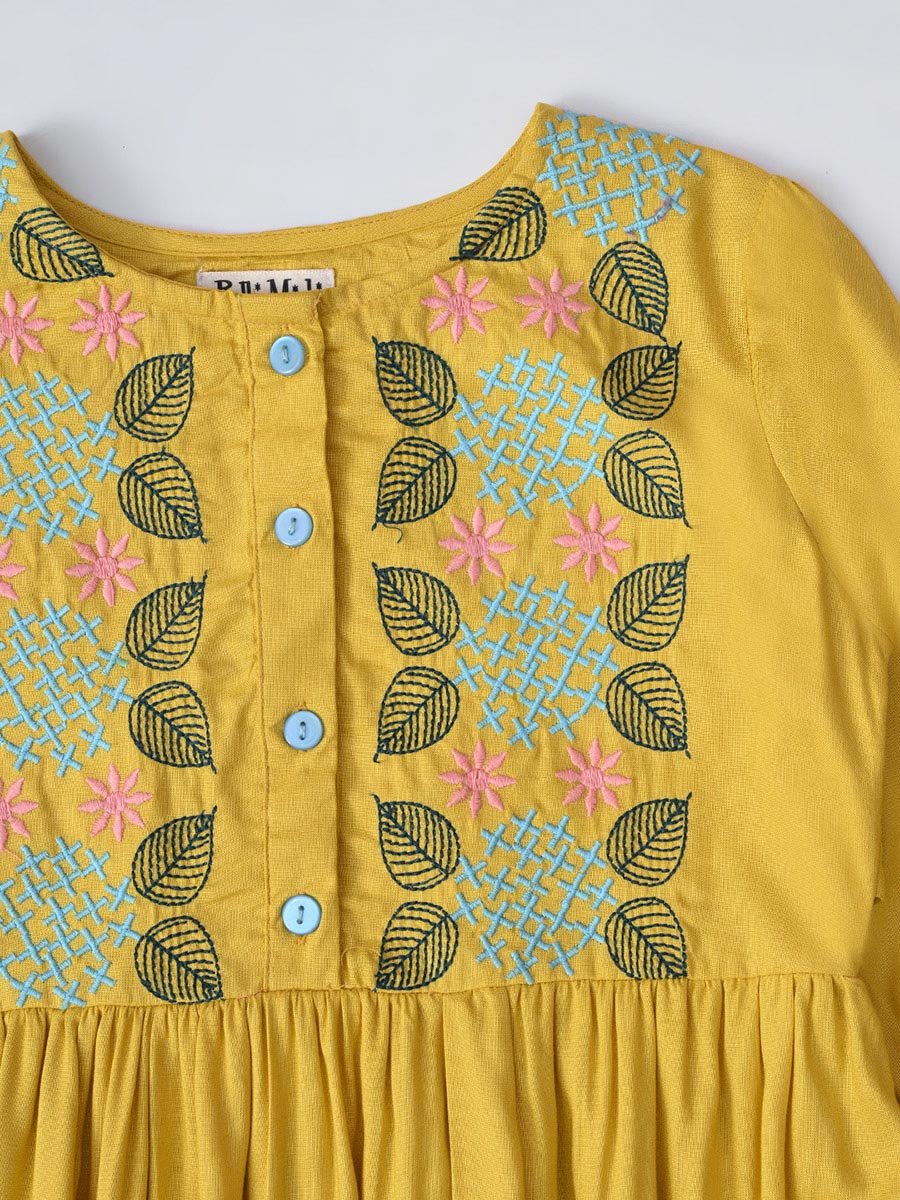 Embroidered 3/4 Sleeves Cotton Dress with Button Front