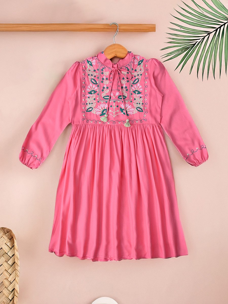 Embroidered Tie-Up Neck Knee-Length Dress